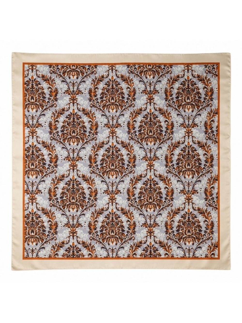 Cream Gray Rust Damask Wild Rag Scarf 35x35 Satin Polyester Western Cowgirl